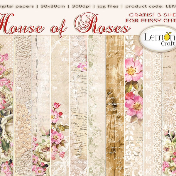 LemonCraft House of Roses Digital Papers, Digital cardmaking papers, Digital vintage pattern, digital download, Vintage scrapbooking papers