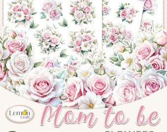 Roze bloemen clipart: babymeisjesversieringen (afdrukbaar A4 JPG)