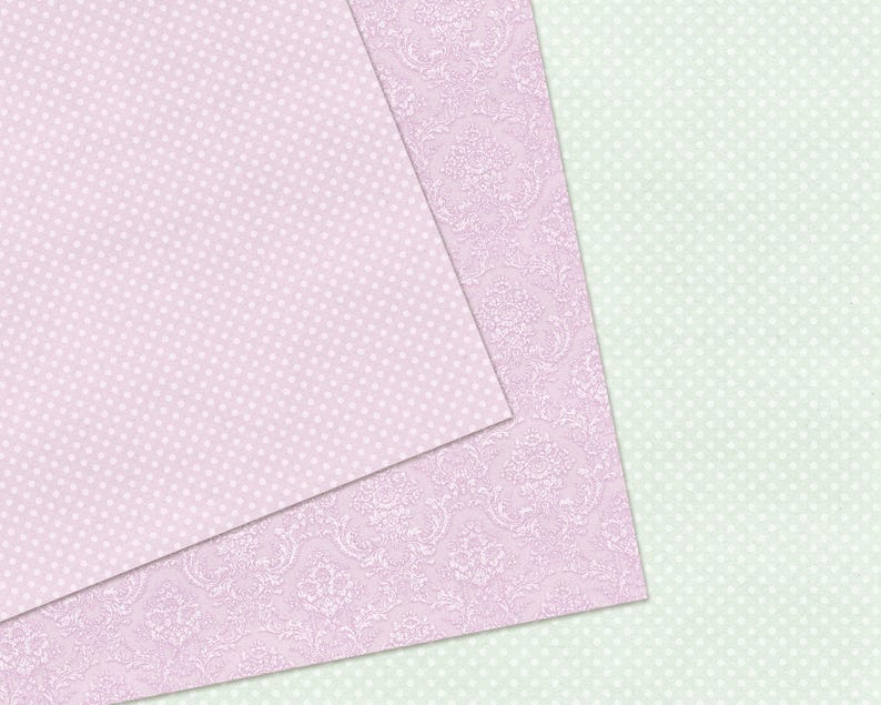 Elegant digital papers in soft pastel tones featuring delicate damask and polka dot patterns. Perfect pastel damask paper for cardmaking, scrapbooking, and creative projects. High-quality digital download ideal for romantic and vintage-inspired handmade crafts.