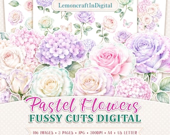 Flowers fussy cut, Pastel hydrangea and rose floral for cardmaking, A4 & US Letter