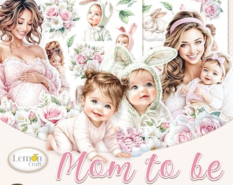 Immagini ritagliabili "Mamma in attesa" - clipart di bambina per la creazione di biglietti e lavoretti per baby shower - download digitale