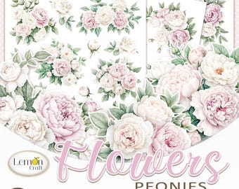 Clipart pioenroos bloemen: pastelbloem kieskeurig gesneden afbeeldingen (digitale download)