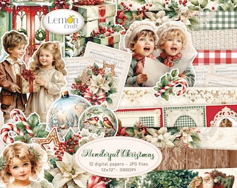 Christmas background papers, Printable paper pack for junk journal, scrapbook & cards, 12x12