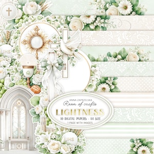 Puede incluir: Conjunto de papeles digitales con temática religiosa. El diseño presenta una cruz, una paloma, un cáliz y arreglos florales en blanco y verde. También se ve el texto "LIGHTNESS" y "10 DIGITAL PAPERS - A4 SIZE".