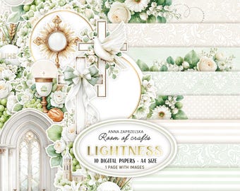 Lightness digital papers, Soft cream and green floral paper pack (A4 JPG, digital download)