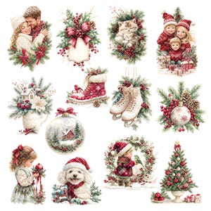 High-quality Classic Christmas PNG images featuring children, pets, pine branches, and ornaments in vintage festive colors. Ideal for DIY crafts, digital art, and journaling. Instant download by Anna Zaprzelska Room of crafts.