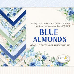 MANDORLE BLU Lemoncraft / Confezione di carta stampabile / 12 carte JPG + fogli di taglio A4 Fussy gratuiti / Carte digitali floreali / Design di carta digitale