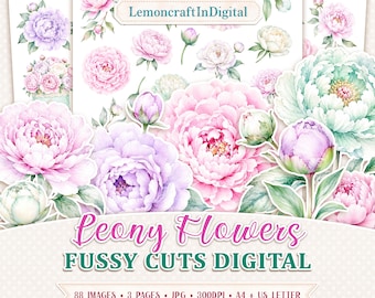 Fussy cut flowers for cardmaking and scrapbooking, Printable peony images, A4 & US Letter JPG