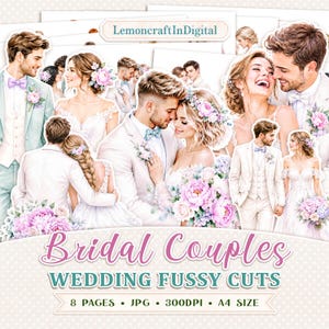 Puede incluir: Una colección de recortes digitales con temática de bodas que presenta ilustraciones de parejas nupciales con vestimenta formal y detalles florales. El texto dice LemoncraftInDigital, Bridal Couples, WEDDING FUSSY CUTS, 8 PAGES, JPG, 300DPI, A4 SIZE.