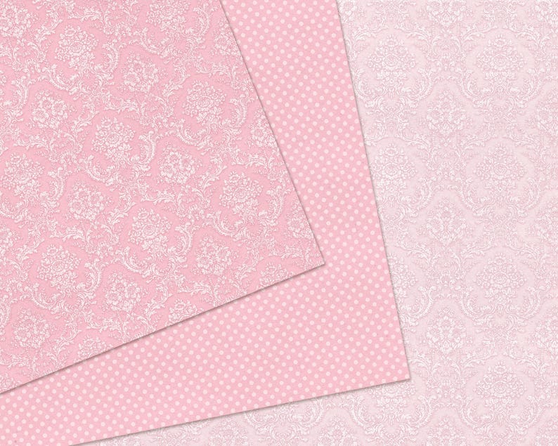 Beautiful digital paper pack featuring pastel damask background in shades of pink with elegant vintage details. Perfect for paper craft, handmade cards, scrapbooking, and exploding boxes. High-quality printable design ideal for creating romantic and feminine craft projects.