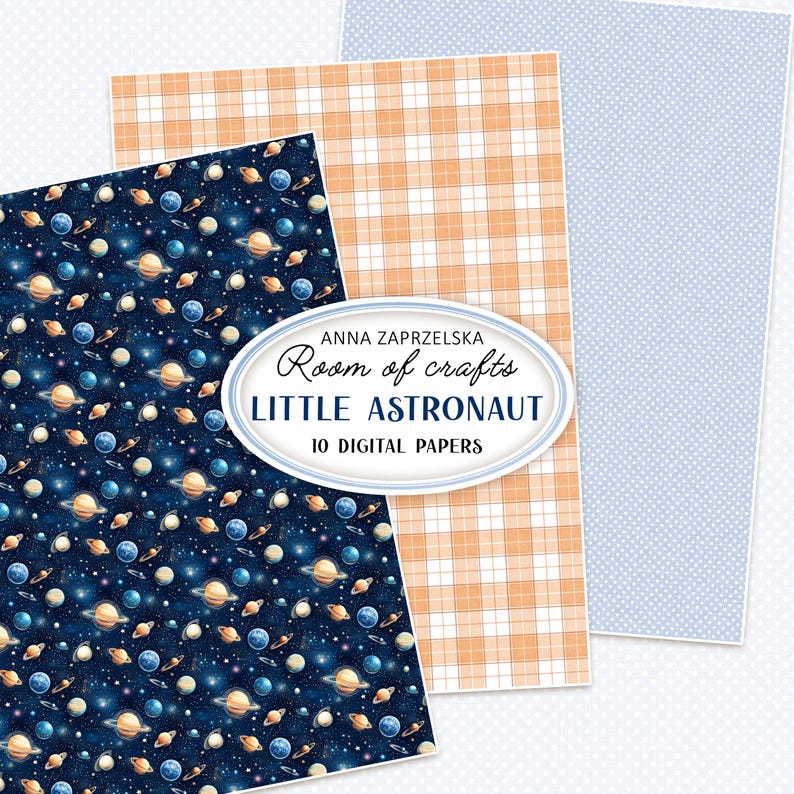 Preview of LITTLE ASTRONAUT - Digital papers and images fussy cut, a charming space theme printables set by Anna Zaprzelska Room of Crafts. Features planets, stars, and geometric backgrounds in blue and orange tones - perfect for digital scrapbooking, cardmaking, and creative DIY paper crafts.