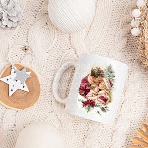 Cozy printable Classic Christmas PNG clipart in use on a festive mug mockup. Perfect for sublimation, DIY gifts, or handmade holiday merchandise. Transparent PNG, instant download from Anna Zaprzelska Room of crafts.