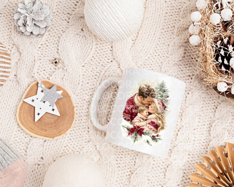 Cozy printable Classic Christmas PNG clipart in use on a festive mug mockup. Perfect for sublimation, DIY gifts, or handmade holiday merchandise. Transparent PNG, instant download from Anna Zaprzelska Room of crafts.