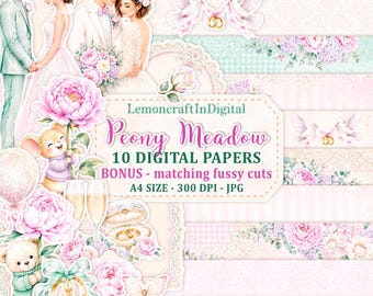 Carte digitali shabby chic, confezione di carta per scrapbooking con peonie per la creazione di biglietti, formato A4 JPG stampabile + bonus