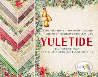 Lemoncraft YULETIDE Digitale Scrapbook Papiercollectie, 18 hoogwaardige JPG-papieren, BONUS A4-vellen om uit te knippen, Kerstknutselspullen