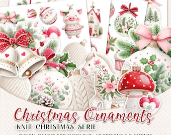 Gebreide KERST ORNAMENTEN: afdrukbare afbeeldingen met kieskeurige snit voor kerstkaarten en papercraft | JPG-bestanden