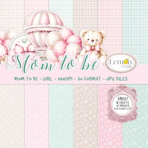 Lemoncraft FUTURA MAMÁ - Paquete de papeles digitales para bebé niña - Papeles imprimibles con temática de bebé - Kit de álbum de recortes para baby shower en rosa pastel A4 jpg + obsequios