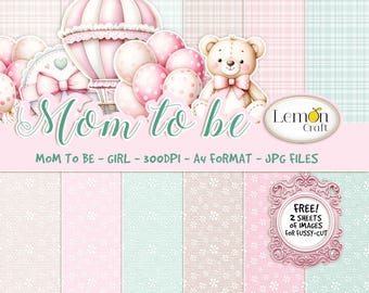 Digitaal papierpakket babymeisje: pastelroze plakboekpakket (A4, JPG + freebies)