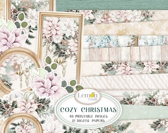 COZY CHRISTMAS digital papers and images fussy cut - calm vintage Christmas pack for crafts