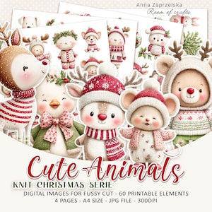 Knit CHRISTMAS ANIMALS - cozy printable fussy cut images for holiday crafts | JPG files
