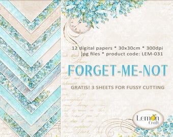 Carte digitali floreali - Collezione di album Forget-Me-Not - 12 fogli JPG + effimera A4 fuzzy cut gratuita - Eleganza floreale blu