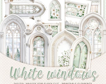 WHITE WINDOW images fussy cut - Watercolor vintage windows - A4 printable JPG set (digital download)