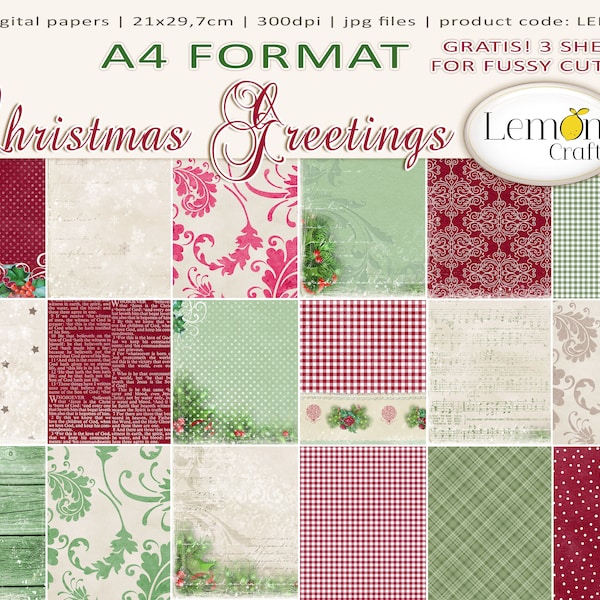 Lemoncraft's CHRISTMAS GREETINGS - A4 size, printable and digital backgrounds. Instantly download, digital papers, vintage Christmas pattern