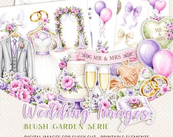 Set di ritagli di carta stampabili per matrimoni, elementi decorativi ad acquerello per scrapbooking e creazione di biglietti.