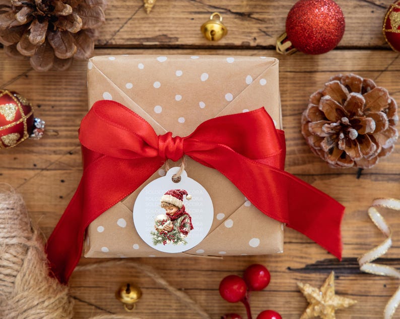 Example of using Classic Christmas PNG clipart on a handmade gift tag. Cozy printable holiday design idea for crafters, scrapbookers, and paper artists. Instant digital download by Anna Zaprzelska Room of crafts.