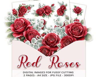 Red roses fussy cut images - Printable floloral elements for cardmaking and DIY paper craft - 2 A4 pages, JPG files, digital download