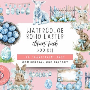Clipart di Pasqua Boho dell'acquerello, stile country e fattoria, PNG primaverile blu, Pasqua Cottagecore, uso commerciale, design di sublimazione pasquale