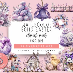 Clipart de Pâques aquarelle, style campagnard & campagnard, violet printemps PNG, Boho Pâques, usage commercial, Design par sublimation Cottagecore