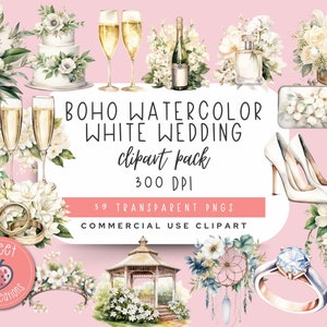 BOHO acuarela boda clipart PNG, clip art de boda rústica, novia y lugar clipart, diario basura, paquete de iconos de matrimonio, imágenes prediseñadas de compromiso