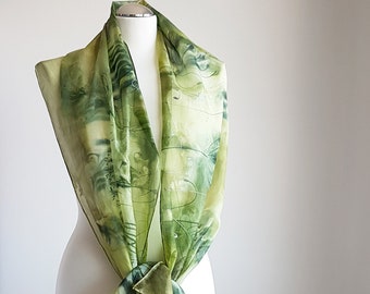 Hand painted silk scarf in shades of green, hand painted scarf, long scarf, women scarf, green art scarf