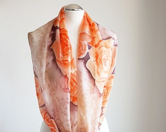 Long silk painted roses shawl,hand-painted silk scarf in orange roses,Flowers silk scarves, Summer scarf,Handmade scarf