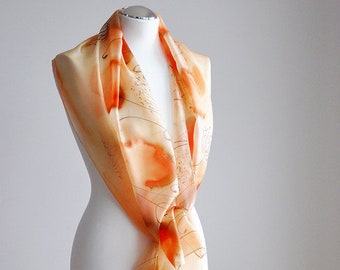 Long silk scarf with poppies- hand painted poppy scarf -orange poppies - flowers silk scarves - summer scarf.Birthday Gift-gift for Mom