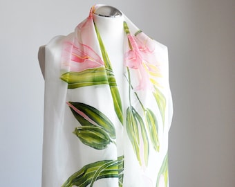 Silk painted shawl with lily flowers. floral shawl; delicate scarf