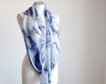 Hand painted silk scarf with butterflies, blue butterflies on a silk scarf, navy-blue long silk scarf