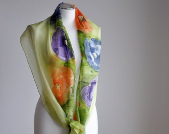 Long silk painted poppy shawl,hand-painted silk scarf in colorful poppies,Flowers silk scarves, Summer scarf,Handmade scarf