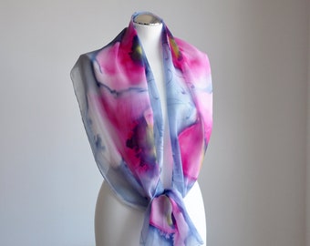 Pink poppies silk scarf-Hand Painted Silk Scarf- Blue hand painted scarves-Poppies scarf- Poppy scarf- Blue and pink scarf-flowers scarf