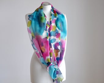 Hand Painted Silk Scarf with pink poppies on a colored background-Shades of blue, green & turquoise, multi-colored shawl