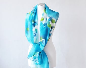 Hand Painted Silk Scarf with turquoise poppies-Long Silk Scarf-Flower scarf-colored scarf-women birthday gifts