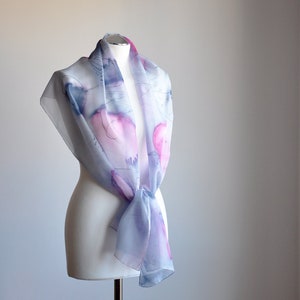 Long silk scarf with poppies- hand painted poppy scarf -blue and pink poppies - flowers silk scarves - summer scarf-gift for mom