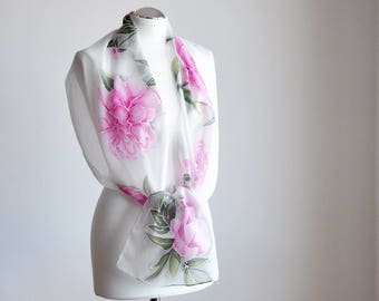 Hand Painted Long Silk Scarf with pink peonies. Very soft colors of pink, green on gray bacground