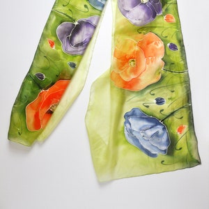 Long silk painted poppy shawl,hand-painted silk scarf in colorful poppies,Flowers silk scarves, Summer scarf,Handmade scarf image 2