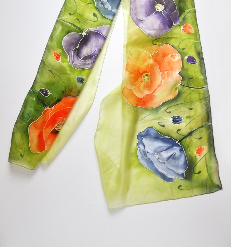 Long silk painted poppy shawl,hand-painted silk scarf in colorful poppies,Flowers silk scarves, Summer scarf,Handmade scarf image 2