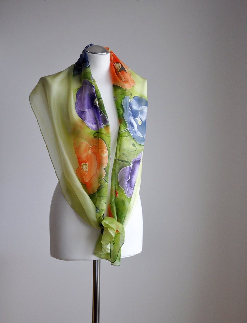 Long silk painted poppy shawl,hand-painted silk scarf in colorful poppies,Flowers silk scarves, Summer scarf,Handmade scarf image 1