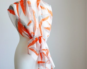 Handmade Scarf- Hand Painted Long Silk Scarf in graphic pattern of leaves-Scarf in pastel shades of orange and gray