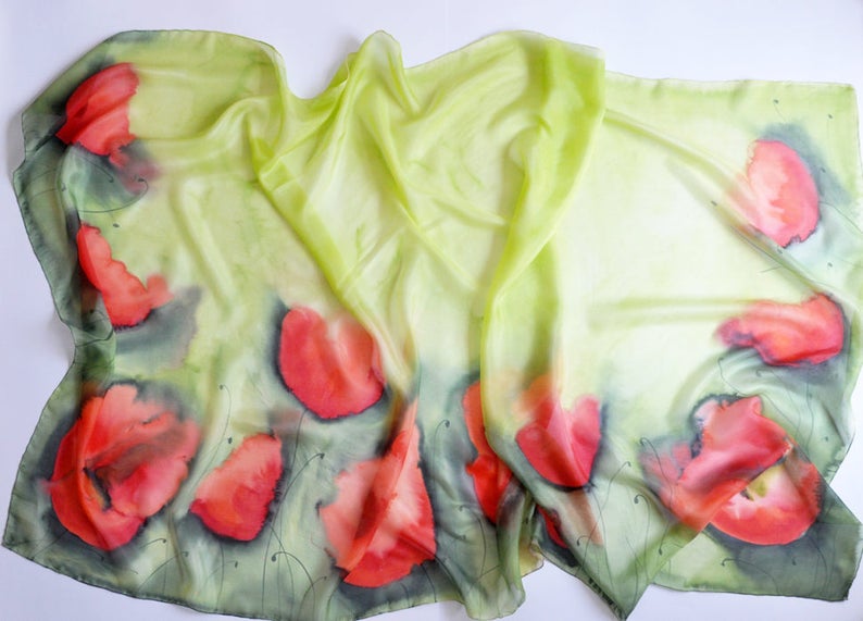 Hand painted silk scarf with poppies. Hand Painted Big Long Silk Scarf with poppy meadow. Red, orange, bright green, dark green,pareo zdjęcie 5