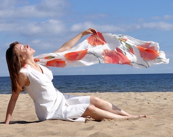 Hand painted silk scarf with poppies, hand dyed silk poppy shawl, red poppies art scarf